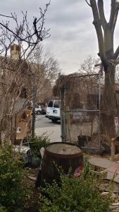 a photo of the garden gates with a NYPD van parked on front